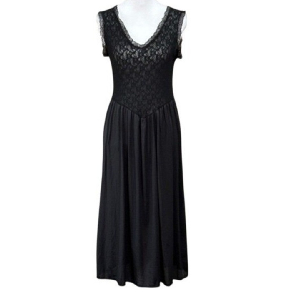 Vintage 90s Whimsigoth Retro Lace Stretch Slip Midi Dress Black Dark Fairy Artsy